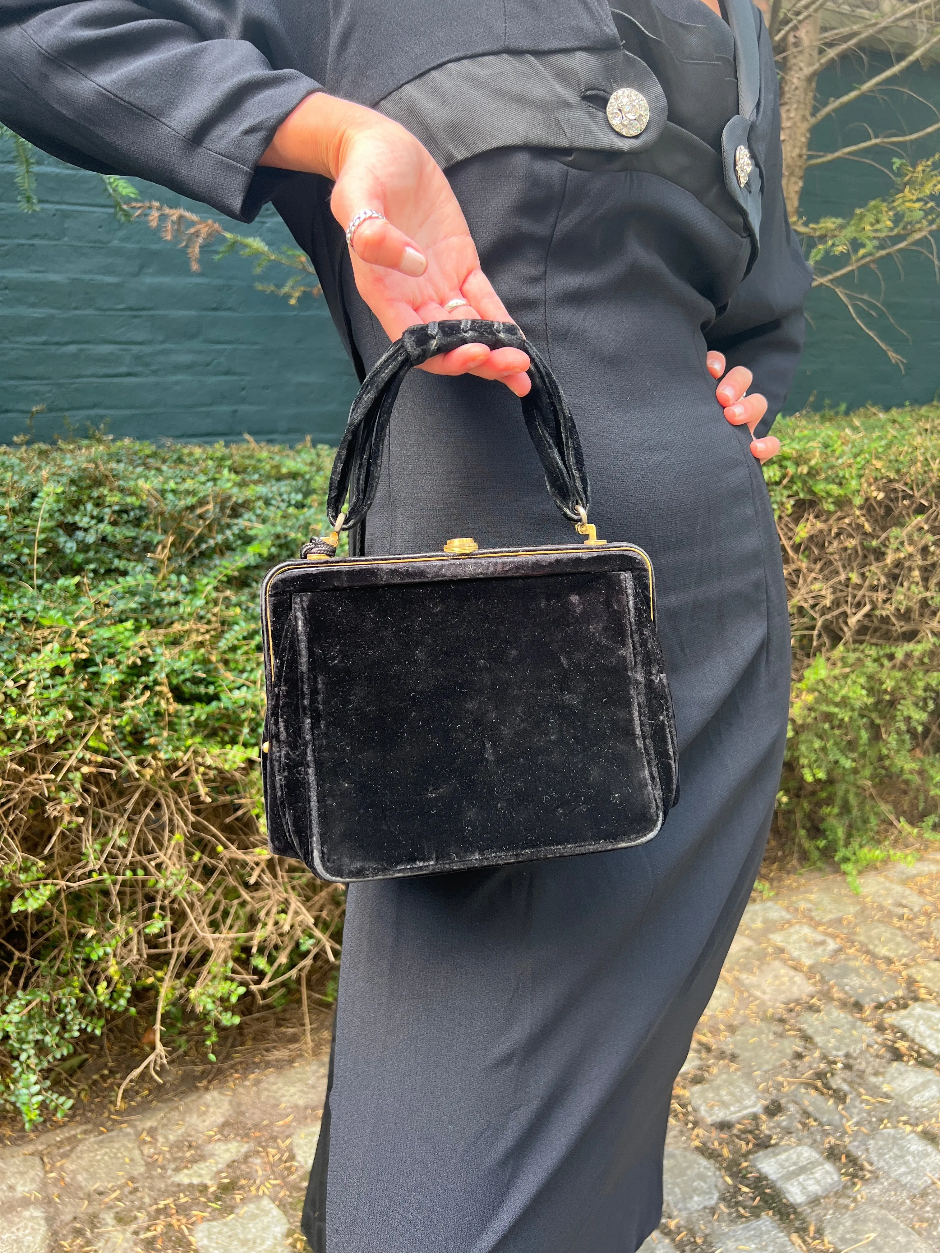 1940s Venetian Black Velvet and Leather Bag