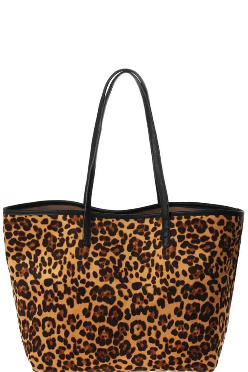 2in1 Designer Trendy Leopard Suede Shopper Bag