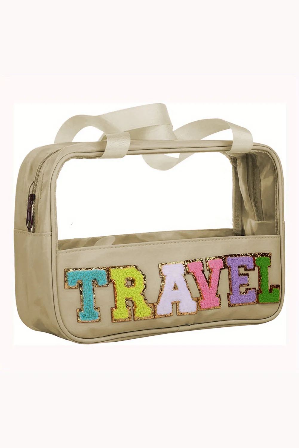 Black TRAVEL Chenille Letter Clear PVC Makeup Bag