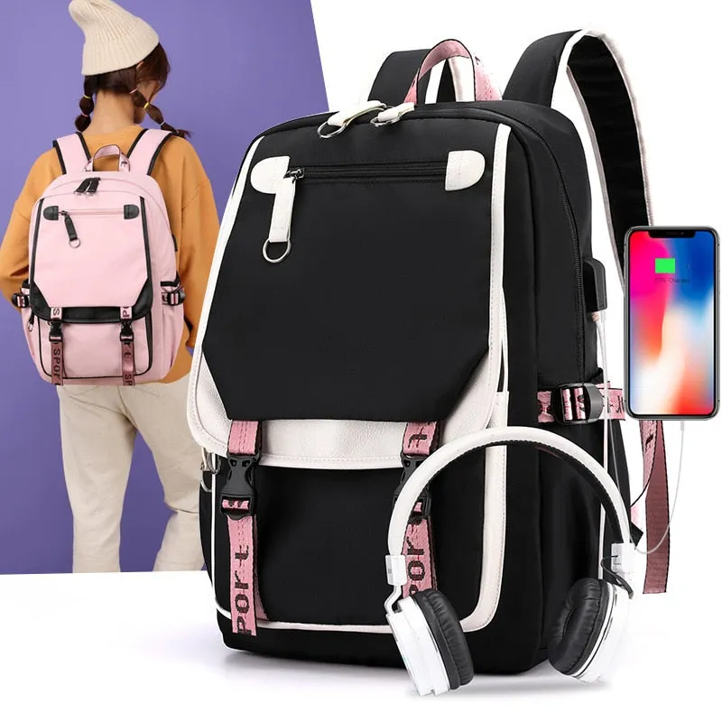 Canvas School Bag With USB Charging Port