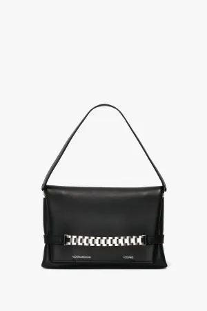 Chain Pouch Bag with Brushed Silver Chain In Black Leather