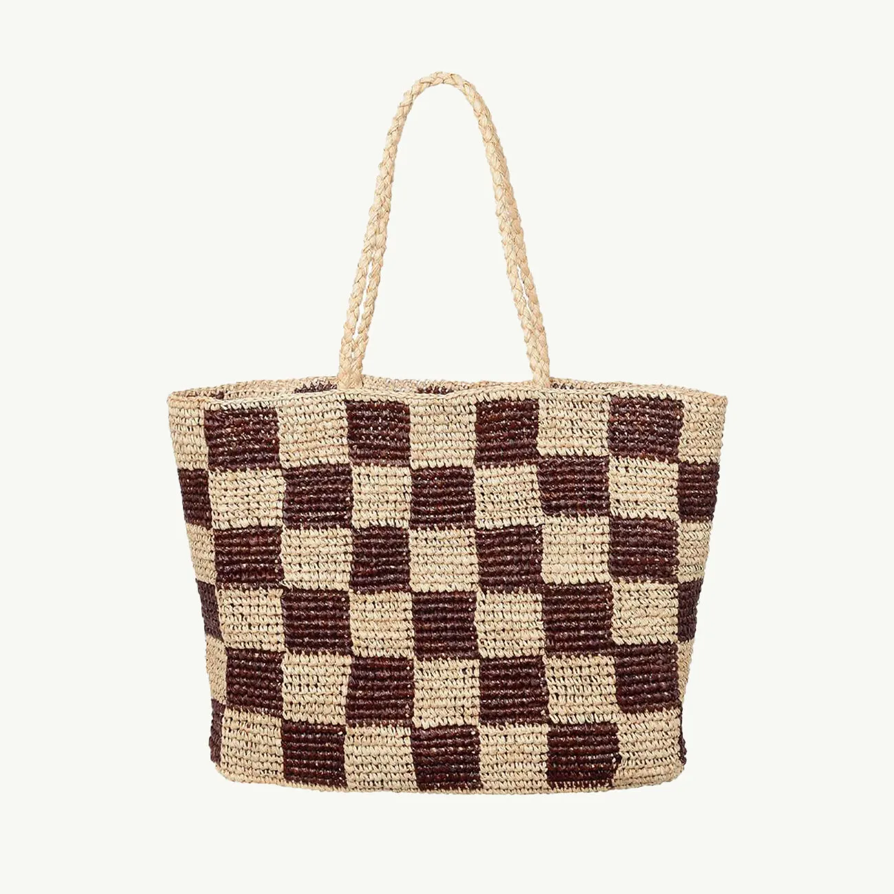 CHECK STRAW BAG LARGE NATURAL BROWN