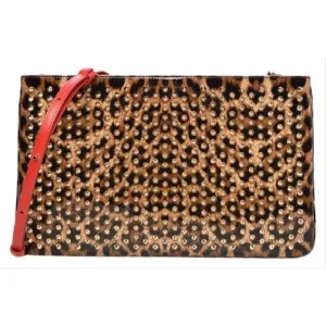 Christian Louboutin Crossbody Clutch Leopard Print Loubiposh Spiked Black Patent Leather Shoulder Bag