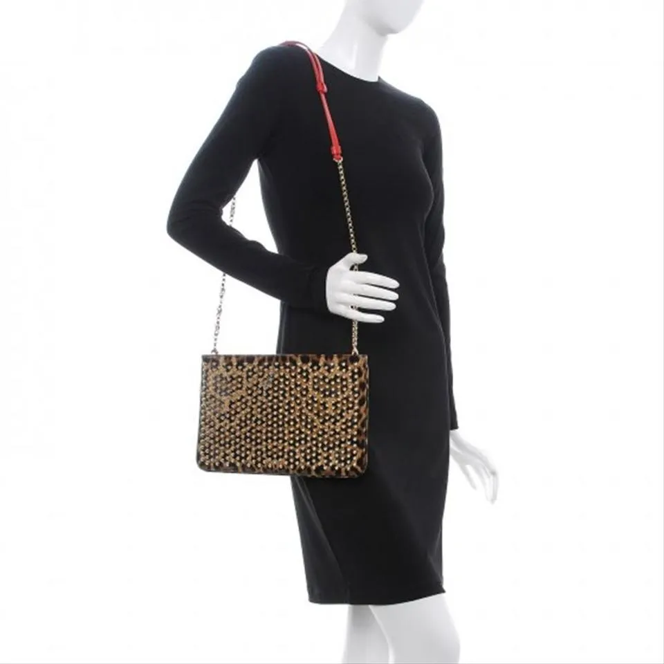 Christian Louboutin Crossbody Clutch Leopard Print Loubiposh Spiked Black Patent Leather Shoulder Bag