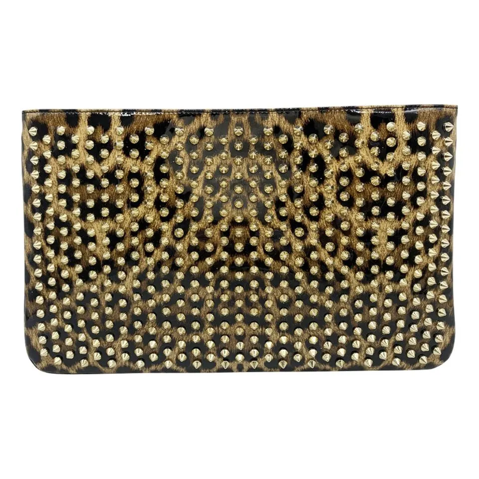 Christian Louboutin Crossbody Clutch Leopard Print Loubiposh Spiked Black Patent Leather Shoulder Bag