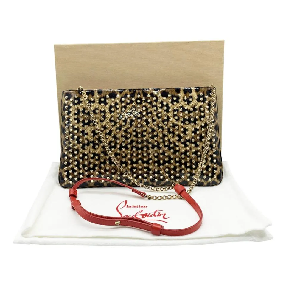 Christian Louboutin Crossbody Clutch Leopard Print Loubiposh Spiked Black Patent Leather Shoulder Bag