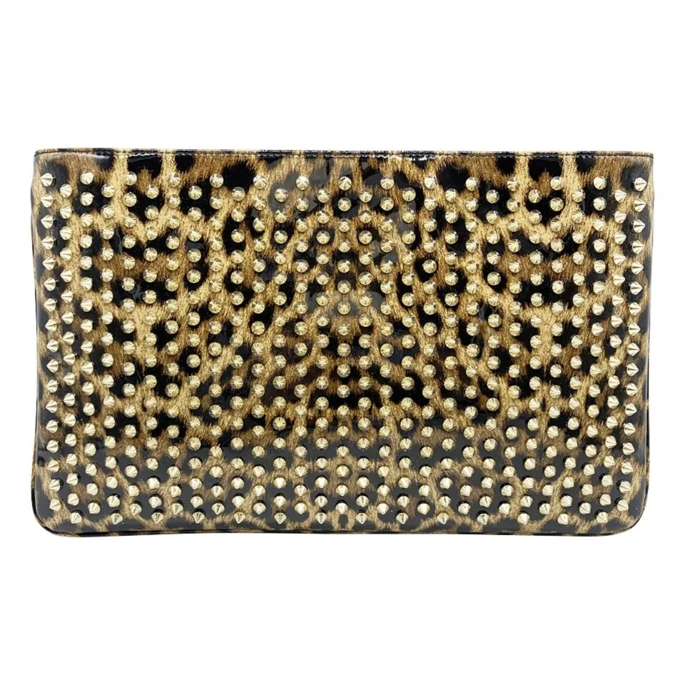 Christian Louboutin Crossbody Clutch Leopard Print Loubiposh Spiked Black Patent Leather Shoulder Bag