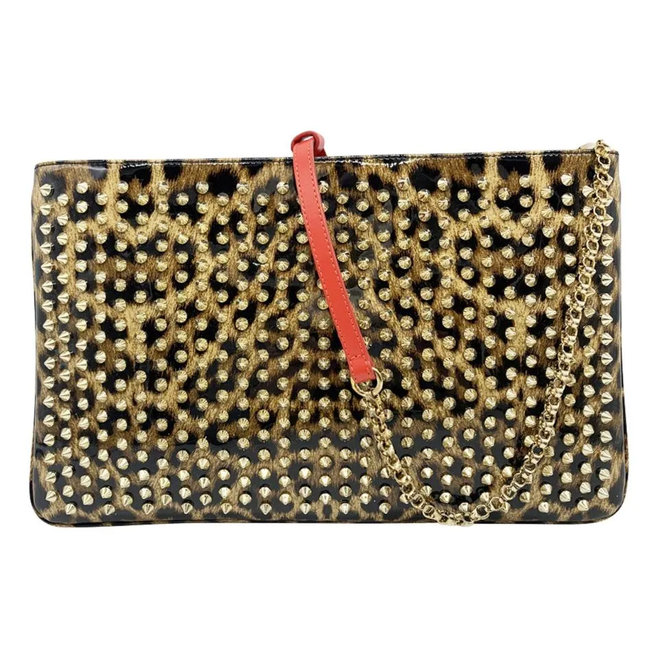 Christian Louboutin Crossbody Clutch Leopard Print Loubiposh Spiked Black Patent Leather Shoulder Bag