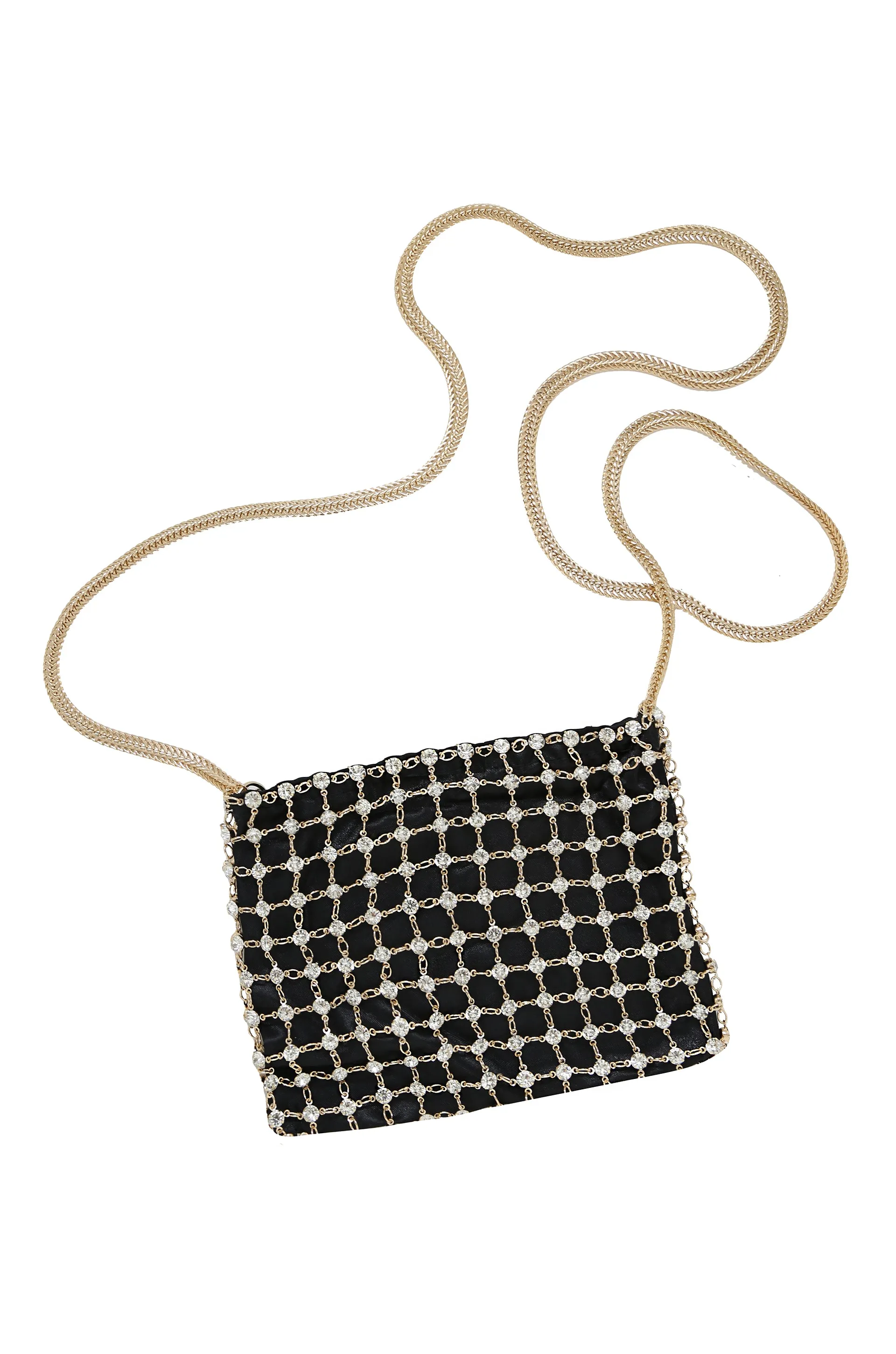 Crystal Criss Cross Chain Bag in Black & Gold