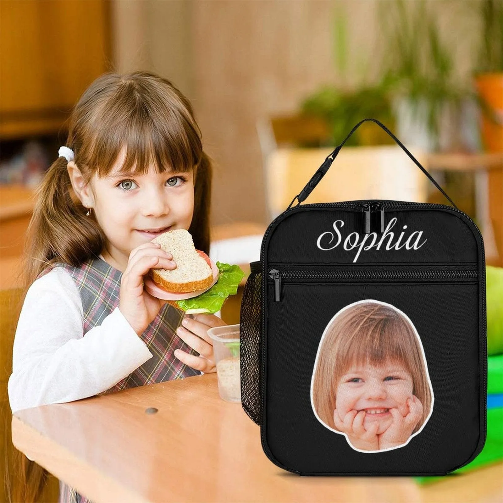 Custom Face&Name Black Portable Insulated Lunch Bag