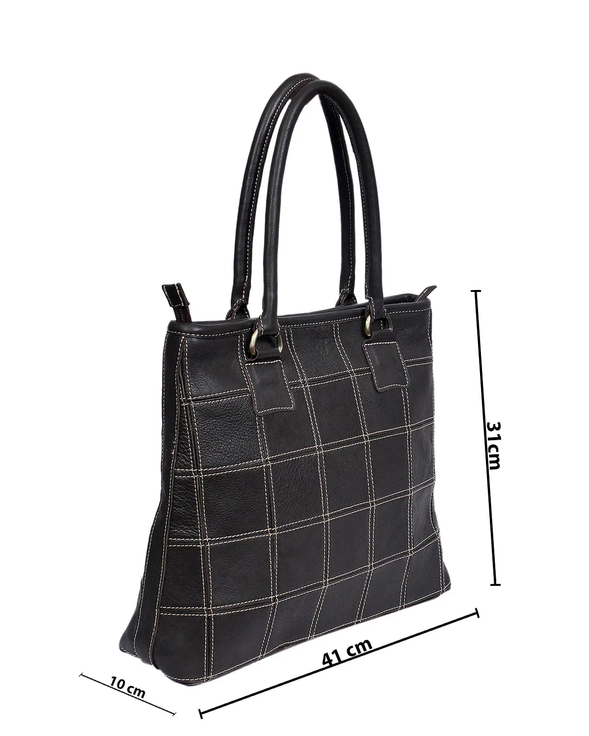 Elevate Your Style with our Black Leather Tote Bag - Classic Elegance with White Stitching.  Art: BG-1480