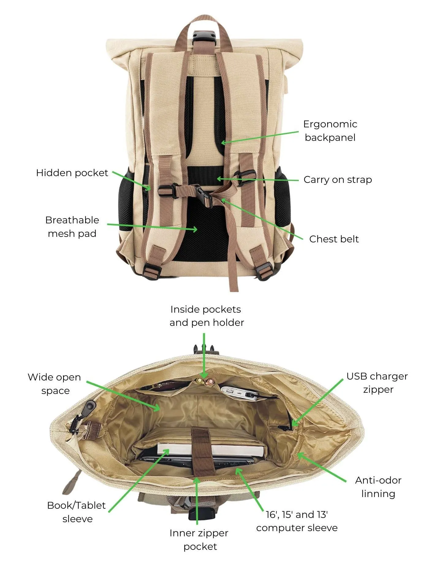 Everyday Backpack in Beige and Green