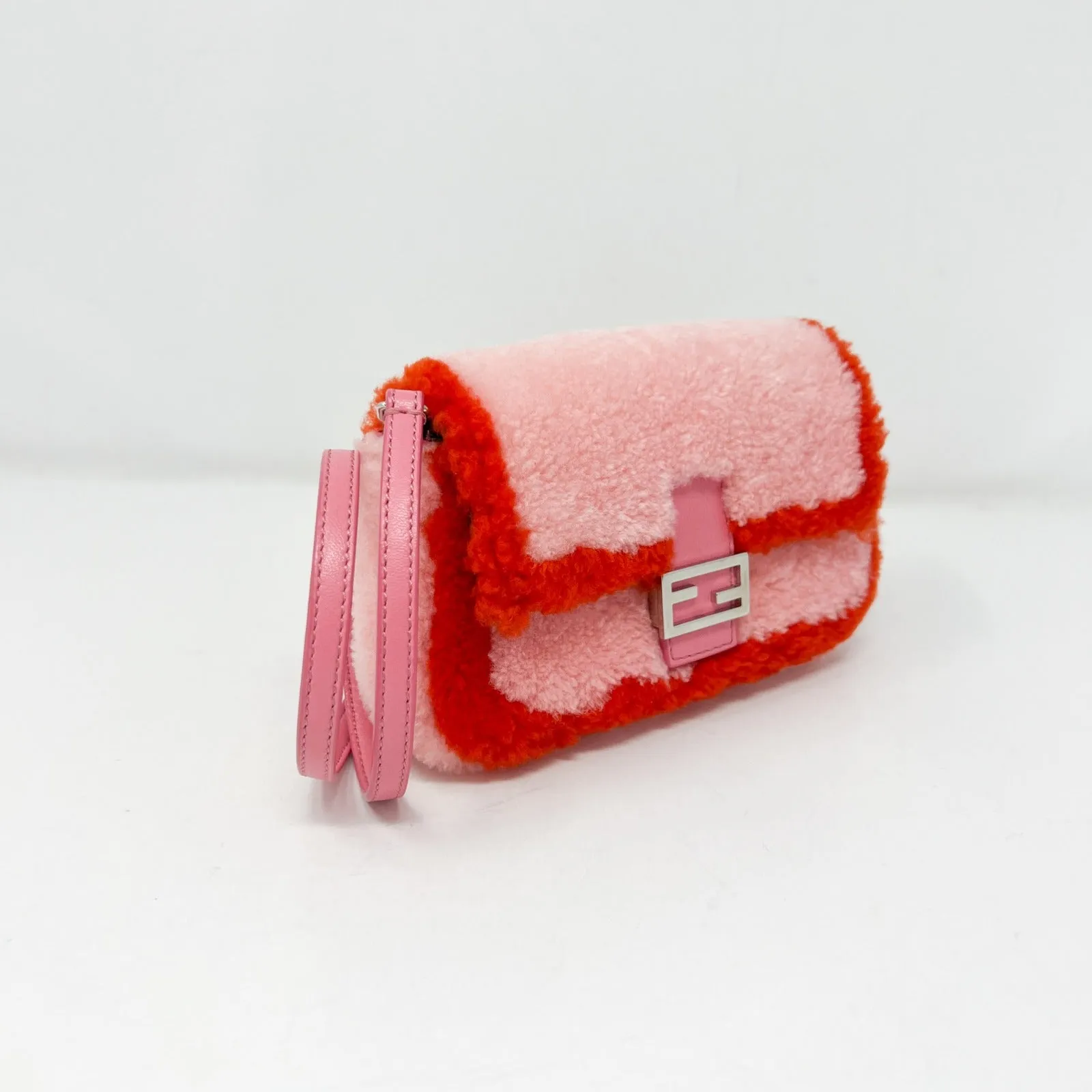 Fendi Micro Baguette Pink Shearling Fur Bag