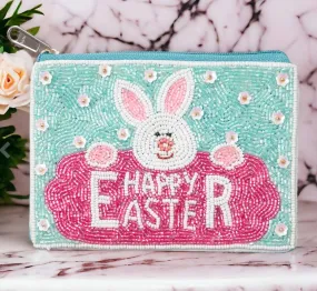 HAPPY EASTER Message Easter Bunny Seed Beaded Mini Pouch Bag