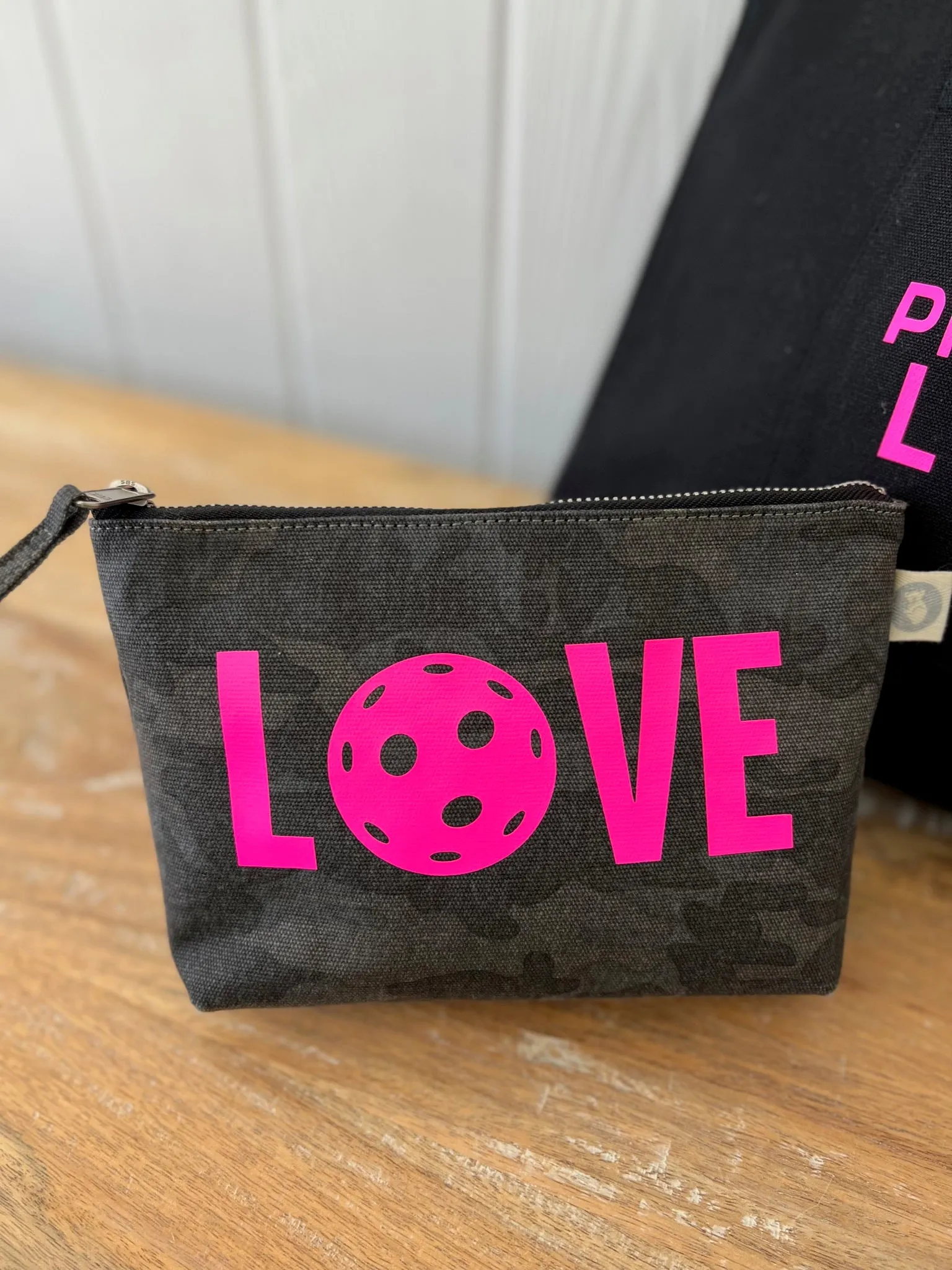 Makeup Bag Black Camo with Neon Pink Pickleball LOVE