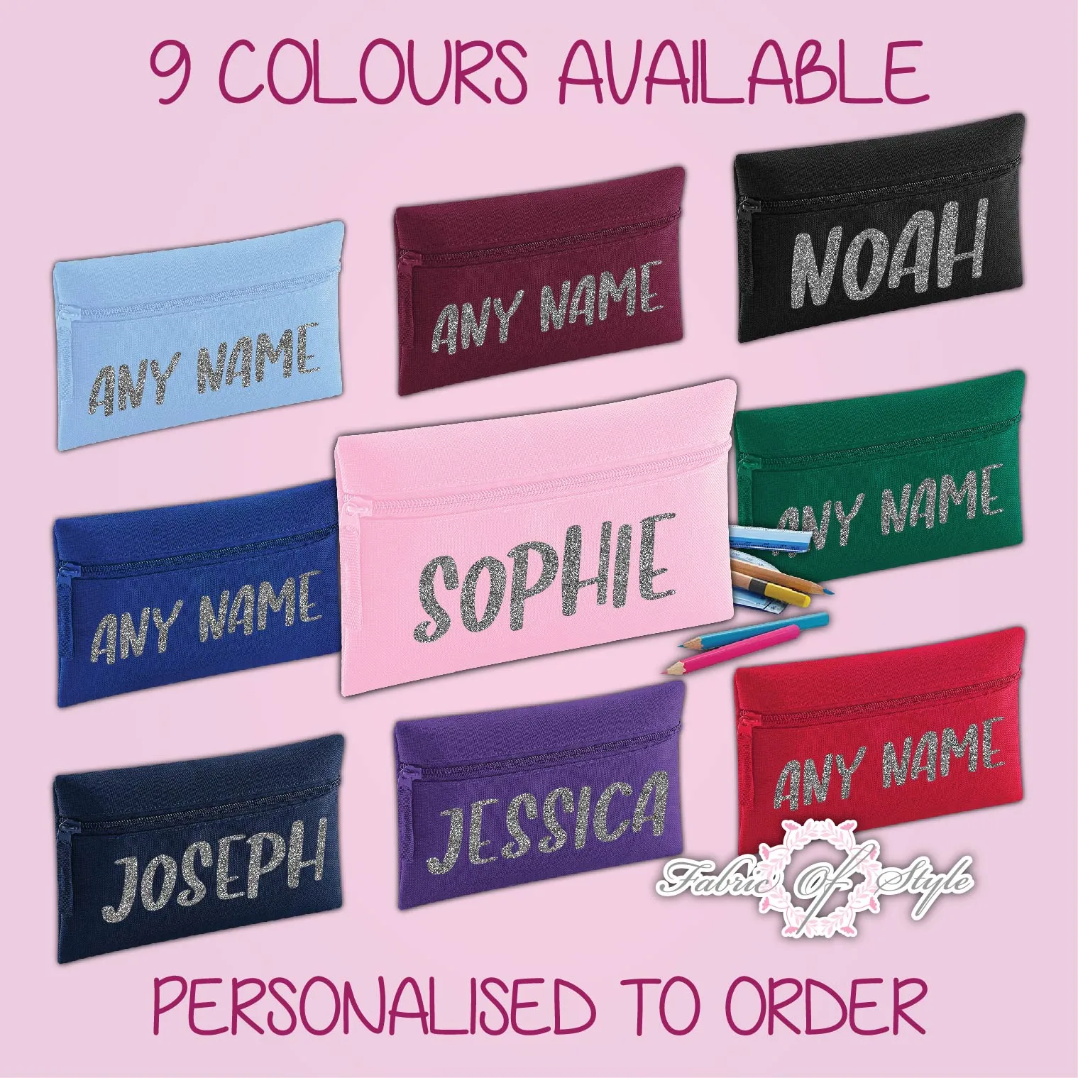 Personalised Any Name Silver Glitter Pencil Case Kids Office Stationery Back To School Zip School Bag