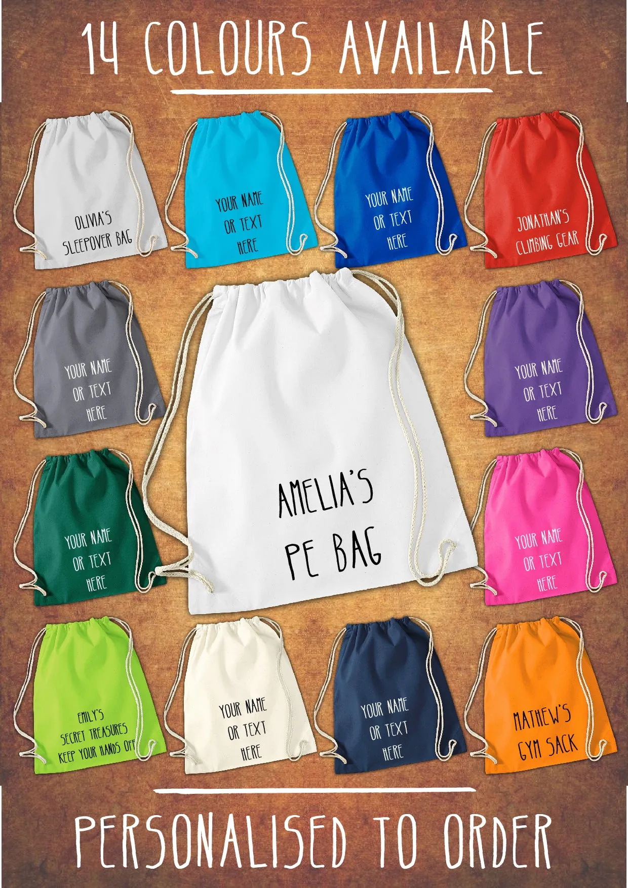 Personalised Cotton Sport Drawstring Bag PE GYM School P.E Kids Rucksack