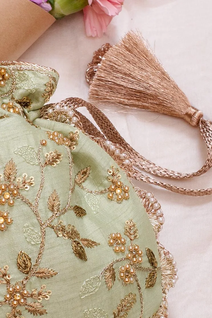 Sage pearl embroidered potli bag