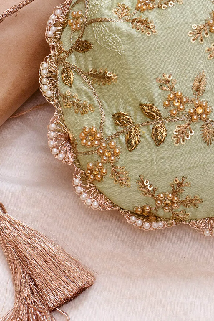 Sage pearl embroidered potli bag