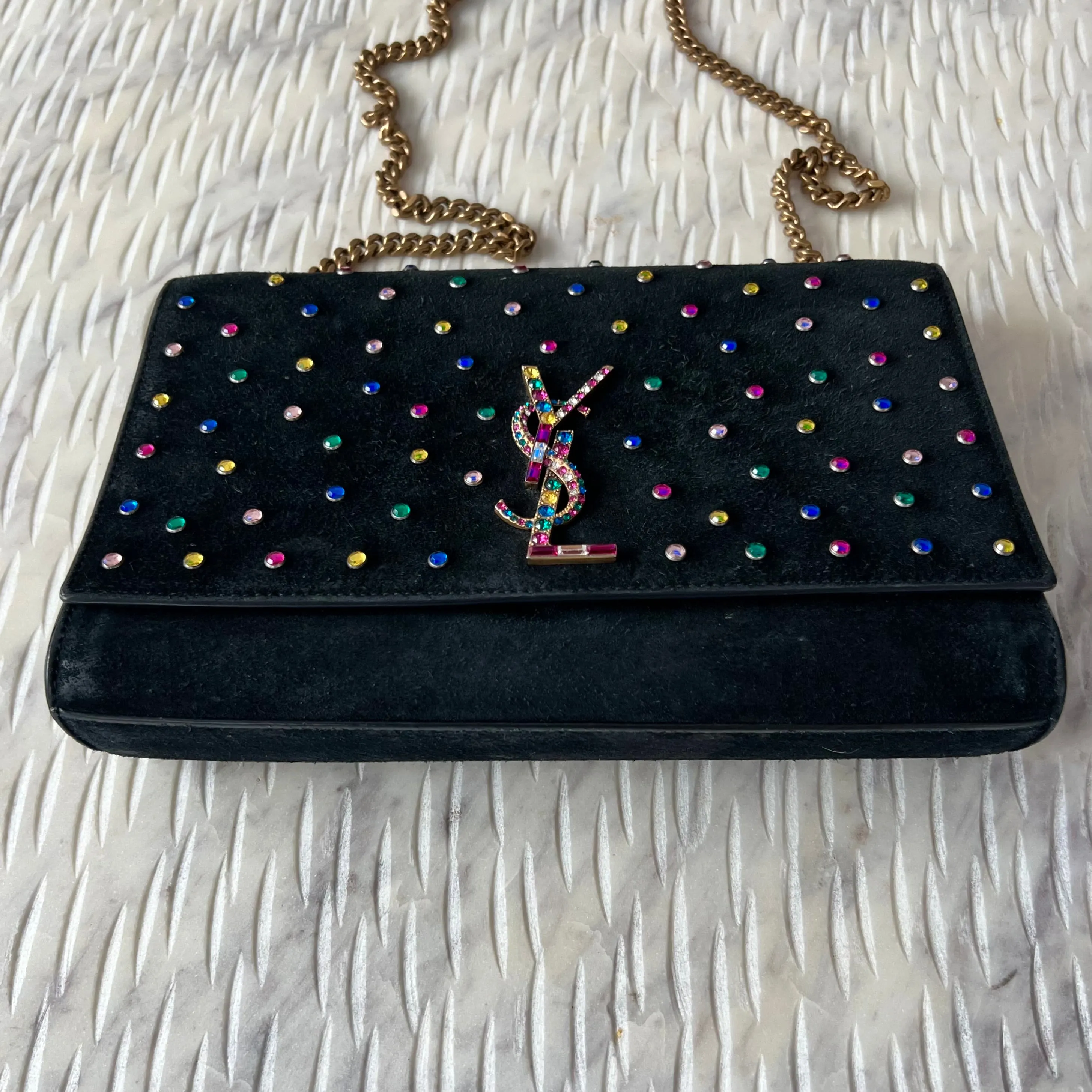 SAINT LAURENT CRYSTAL EMBELLISHED KATE CHAIN BAG